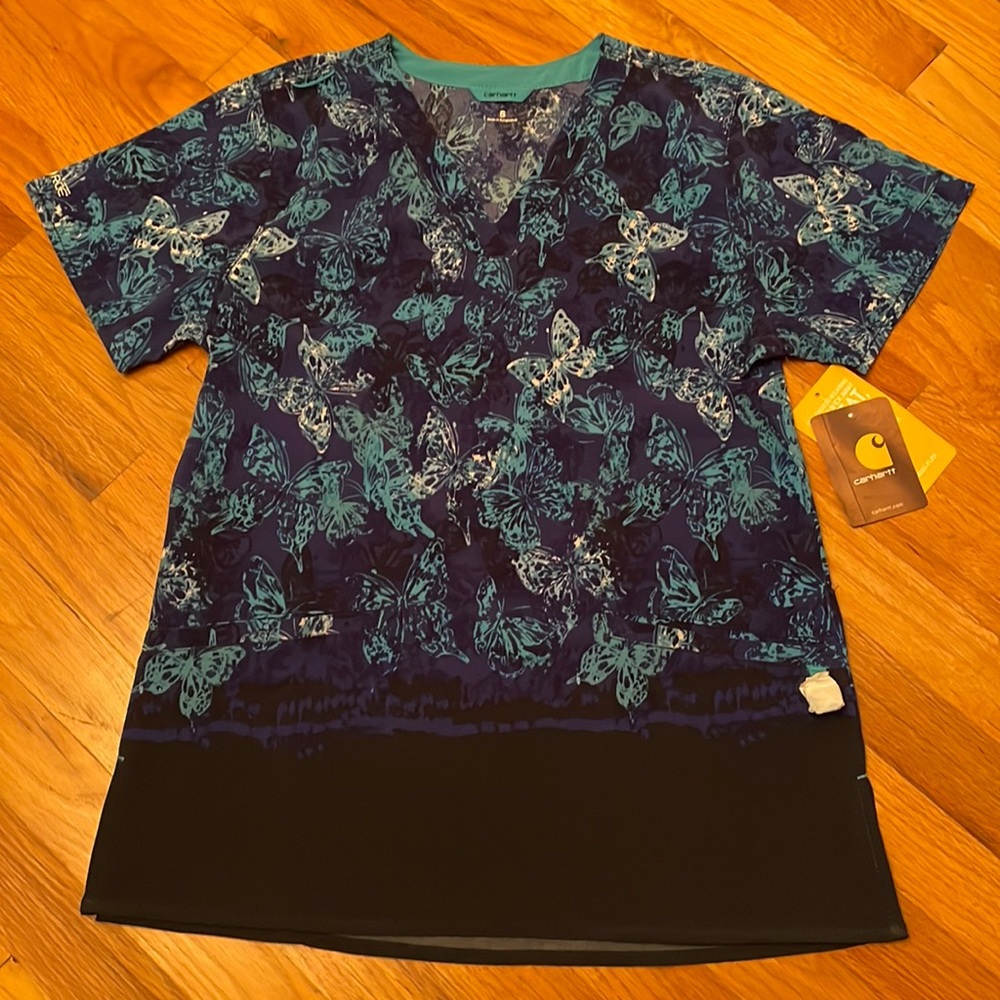 Carhartt Force Scrub Top. Size Small. V-Neck. Pockets. Blue with Butterflies NEW
